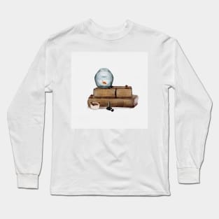 Gold Fish Leather Books Tea and Cute Mice Watercolor Long Sleeve T-Shirt